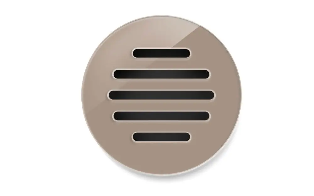 Rundes Designgitter in hellem Braun mit horizontalen Schlitzen. Produkt von Fränkische, geeignet für Montage in Wand- oder Fußbodenöffnungen.